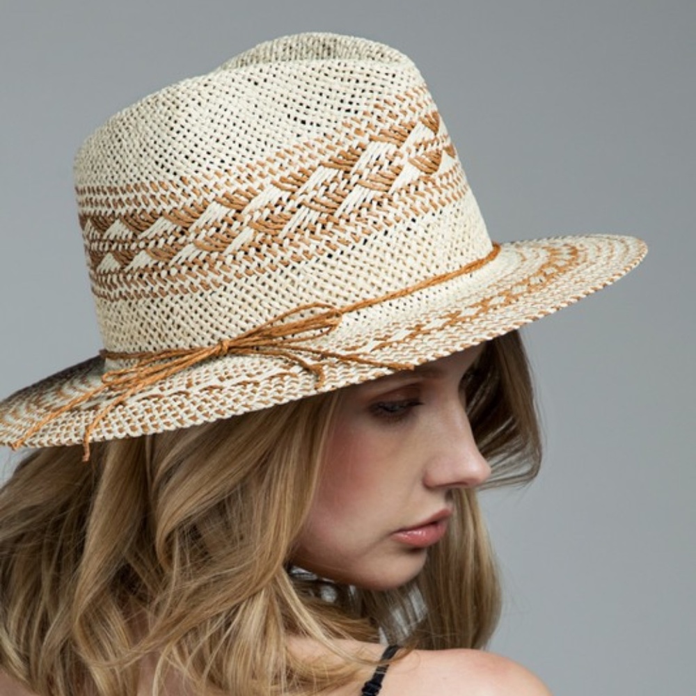 SOLD OUT Handmade Natural & Brown Woven Crisscross Panama Hat - Picture 1 of 5